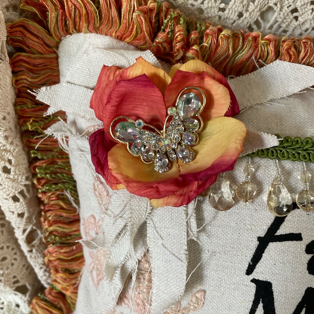 Handmade Small Pillow Upcycled Flower Market Butterfly Motif Indoor Outdoor - Picture 3 of 5